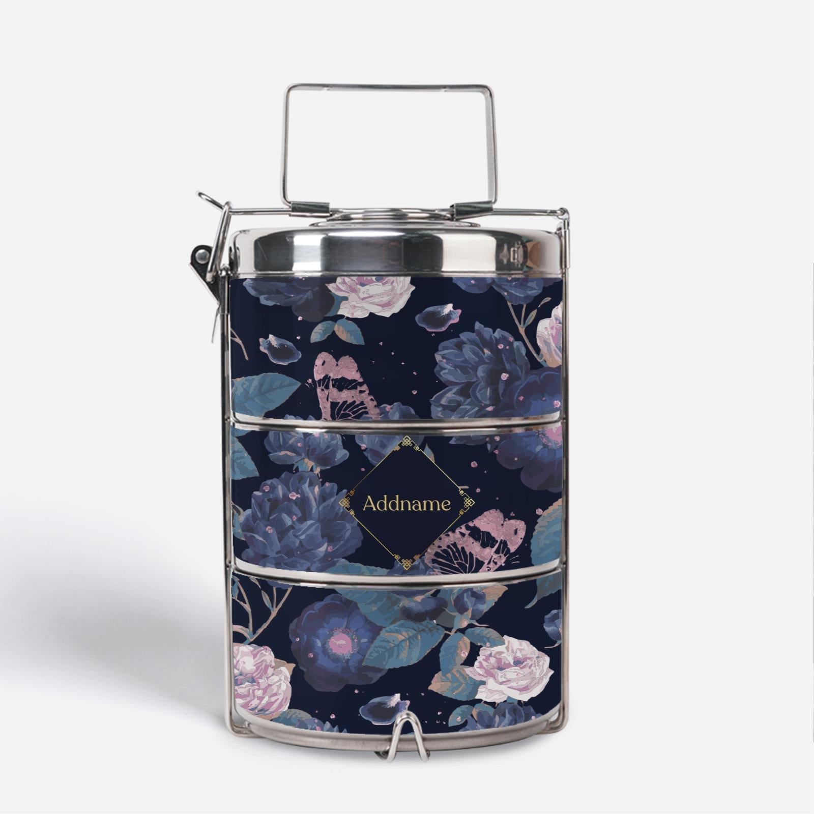 Royal Floral Series With English Personalization Premium 3 Tier Tiffin Carrier - Serene Moonlight