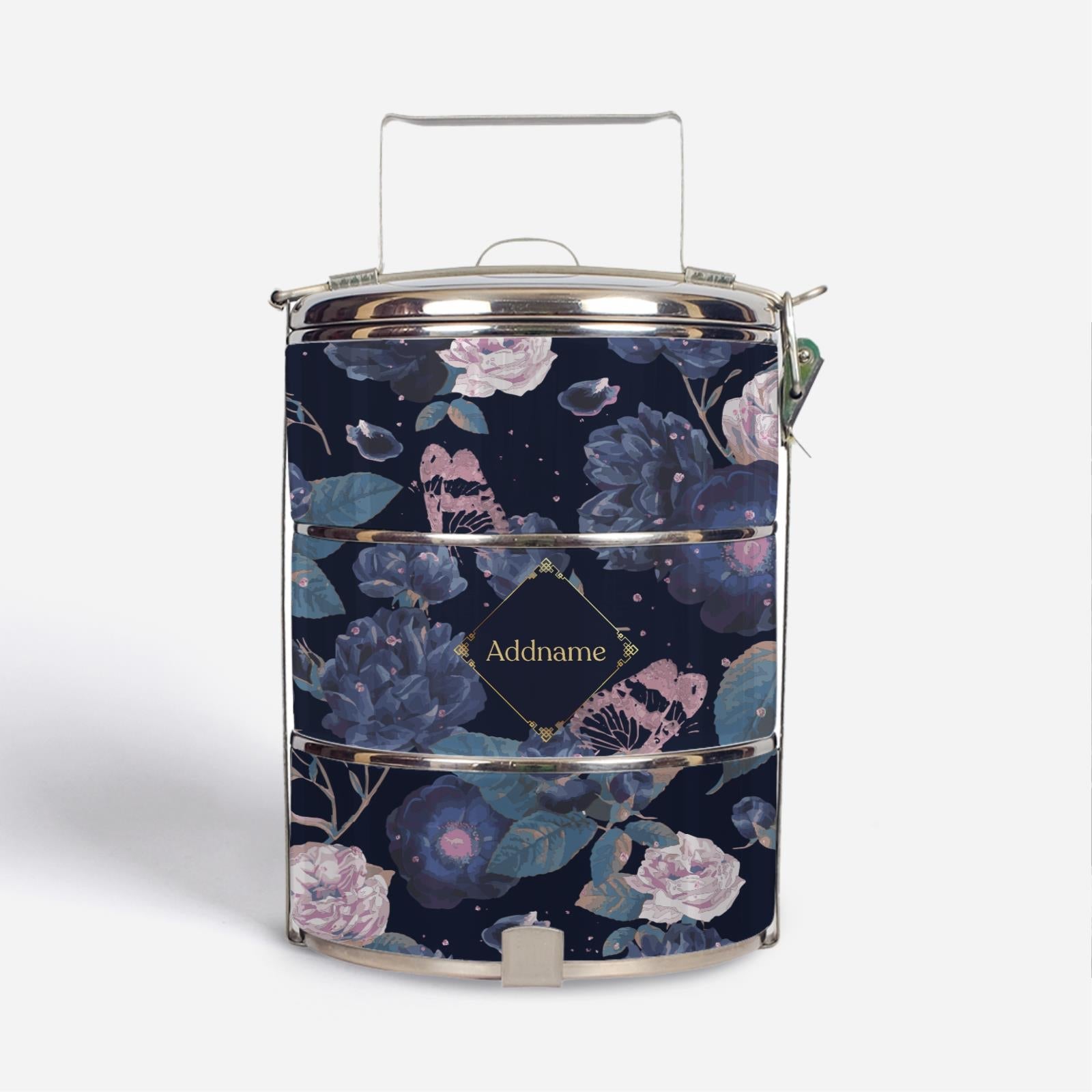 Royal Floral Series With English Personalization Standard 3 Tier Tiffin Carrier - Serene Moonlight